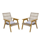 ZUN Set of 2, Acacia Wood Cape Woven Wicker Large Lounge Chair with Pillow for Patio, Deck, Yard, Lawn 73165.00