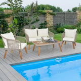 ZUN 4 Piece Patio Furniture Set, Outdoor Acacia Wood Conversation Set, All-Weather Rope Sofa Set with 73393792