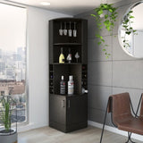 ZUN Syrah Corner Bar Cabinet, Eight Bottle Cubbies, Double Door, Two Open Shelves -Black B070P217879