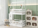 Twin over Twin House Bunk Bed with Fence and Door, White WF313047AAK