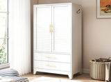 White Metal Wardrobe Closet with 2 Doors and Drawers, 71 Tall Storage Cabinet for Bedroom, T2398P480393