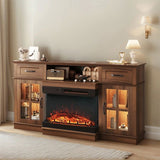 58-inch Deep Walnut Electric Fireplace TV Stand - 2 Lattice Glass Doors, 2 Drawers & Adjustable 11885460