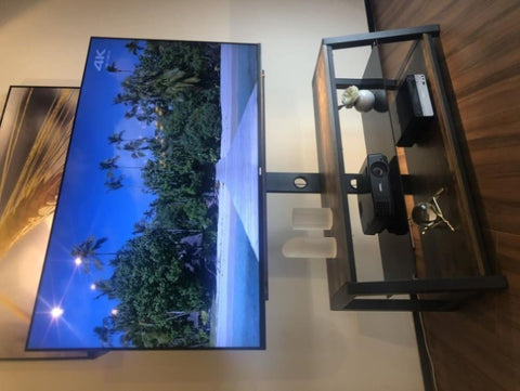 ZUN Wooden Storage Tv Stand Black Tempered Glass Height Adjustable Universal Swivel Entertainment Center 45250543