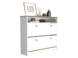 Shoe Rack 46" H, One Open Storage Shelf, Two Internal Storage Drawers, Two Doors, Light Oak / White B097133215