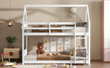 Twin Over Twin House Floor Bed with Headboards, Footboards and Guardrails, Ladder, Rubber Wood W504P227972