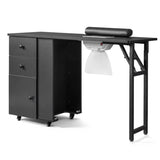 Nail Desk Folding Table, Black MDF Manicure Station w/ 2 Drawers & 1 Door Cabinet for Nail Art Salon 06078270