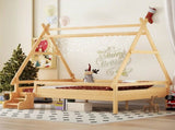 Full House Platform Bed with Stairs, Solid Wood Twin Bed Frame, Low Profile and Childlike Fun W1580P354721