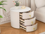 Upholsteredstand with 3 Drawers, Round Bedside Table with Metal Handles,Marbling Stickers Top N733P272609A