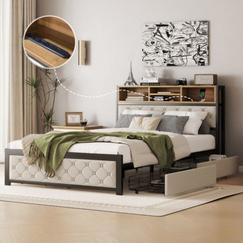 ZUN Metal Full Size Platform Bed With 4 Drawers, Upholstered Headboard and Footboard, Sockets and USB WF321762AAA