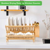Collapsible 2-Tier Bamboo Dish Drying Rack Foldable Wooden Dish Drainer with Utensil Holder, 68313155