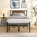 Twin Size metal bedframe,Headboard with wood panel decoration,black 74977489
