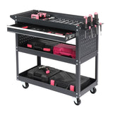 ZUN 3-Tier Rolling Tool Cart, Metal Heavy Duty Utility Cart on Wheels with Pegboard & Drawer & 4 Hooks, 63239544