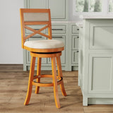 30" Bar Height X-Back Swivel Stool, Natural Finish, Beige Fabric Seat B04660717