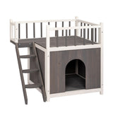 ZUN 2-Story Wooden Feral Cat House Dog House for Outdoor and Indoor, Pet House with Stairs, Grey & White 10767951