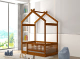 Full Size Wood Bed House Bed Frame with Fence, for Kids, Teens, Girls, Boys,Walnut WF302177AAL