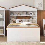 Twin Size House-Shaped Wooden Bed with Storage Shelf on the Headboard, Built-in Two Storage Drawers, N733P187490D