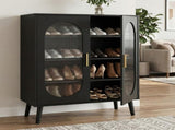2-door shoe cabinet with high legs, internal 4-tier shelving, USB LED light strip, and 24-key 93886673