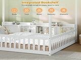 Full Size Montessori Floor Bed, Headboard with Open Storage Cubbies, 4-Sided Guardrails with Access W5767P517425