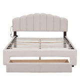 Teddy Fleece Queen Size Upholstered Platform Bed with Drawer, Beige WF309187AAA