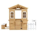 ZUN Wooden Playhouse for Kids Outdoor with Working Door, Windows, Mailbox, Bench, Flowers Pot Holder, W1422P156349