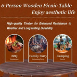 ZUN Outdoor 6 Person Picnic Table, 6 person Round Picnic Table with 3 Built-in Benches, Umbrella Hole, W2275P149763