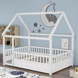 Full Size Floor Wooden Bed with House Roof Frame, Fence Guardrails,White W1858123986