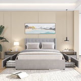 Queen Size Bed Frame with 4 Storage Drawers and Wingback Headboard, Button Tufted Design, Light Grey W1303P227896
