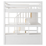 ZUN Full Size Loft Bed with Desk and Shelves, Two Built-in Drawers, Storage Staircase, White 35920794