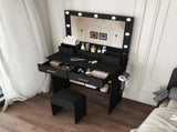 Makeup Vanity Desk with 9 Hollywood Bulbs,with a large mirror, featuring 4 drawers and 1 open W509P556493