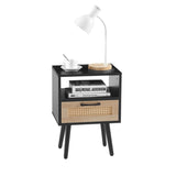 15.75" Rattan End table with Power Outlet & USB Ports , Modern nightstand with drawer and solid wood W126573111