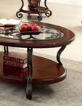 ZUN Traditional Style Brown Cherry 1pc COFFEE TABLE Open Bottom Shelf Ornate Design Glass Top Living B011P203063