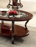 ZUN Traditional Style Brown Cherry 1pc COFFEE TABLE Open Bottom Shelf Ornate Design Glass Top Living B011P203063