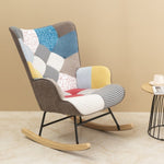 ZUN Rocking Chair, Mid Century Fabric Rocker Chair with Wood Legs and Patchwork Linen for Livingroom W56140569