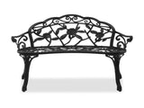 Outdoor Cast Aluminum Patio Bench, Porch Bench Chair with Curved Legs Rose Pattern, Black 01485098