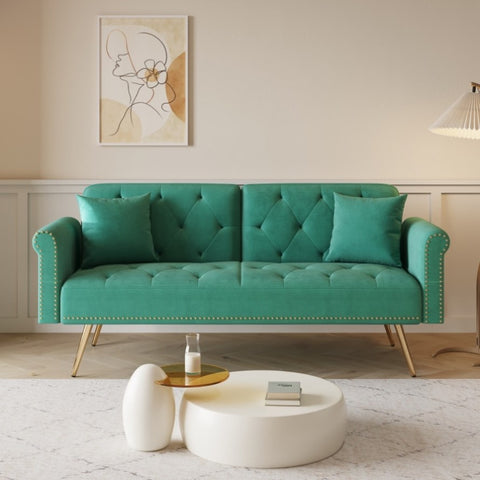 ZUN 69.7 "green velvet nail head sofa bed with throw pillow W165890869
