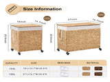 100L 2-Section Laundry with Lid and Wheels, Woven Natural Water Hyacinth Rolling Laundry 17904538
