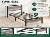 Twin Size Metal Wood Platform Bed Frame, 3-Spanel Wash Grey Wood Grain Headboard with LED Light & 55092829
