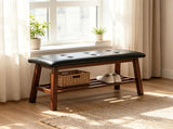 Dining Bench with Storage Shelf, Pine Wood Frame, Button Tufted Black PU Leather Seat, Walnut 01032856