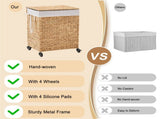 100L 2-Section Laundry with Lid and Wheels, Woven Natural Water Hyacinth Rolling Laundry 17904538