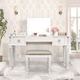 Mirrored Vanities Desk with Drawers, Bedroom Makeup Vanity Table Set with Mirror and Stool, Flip Up W2170P209976