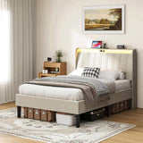 Twin Size Platform Bed Frame with Fabric Upholstered Headboard and Wooden Slats Support 75721607