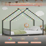 Twin size children's bed frame with LED light strips, roof-shaped iron frame bed, black,78.5" L x 49013984