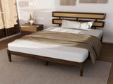 Dark walnut wood painted finish rattan and pine wood double headboard full size wooden bed, 43829429