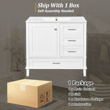36" White Bathroom Vanity with Solid Pine Frame, 1 Soft Close Door and 3 Drawers , Modern Storage N729P211167K