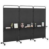 3-Panel Folding Divider with Lockable Wheels and 3 Metal Shelves Black 83574560