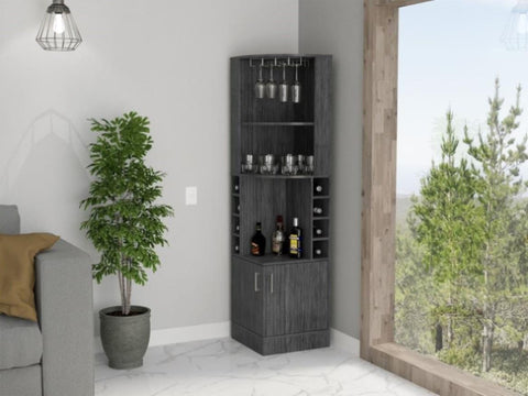 ZUN Syrah Corner Bar Cabinet, Eight Bottle Cubbies, Double Door, Two Open Shelves -Smokey Oak B20091986