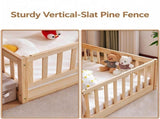 Full-Size Wooden Children's Bed with Gate and Bed Slats Painted Pine Fence-Style Bed 48686277