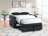 Marielle 55"W Black Corduroy Convertible Sleeper Loveseat with USB Ports, Magazine Pockets, and B061P305696