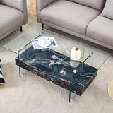 43.3 Inch Modern Two-Tier Coffee Table - Clear Tempered Glass and Black Marble Texture, W1151P232637