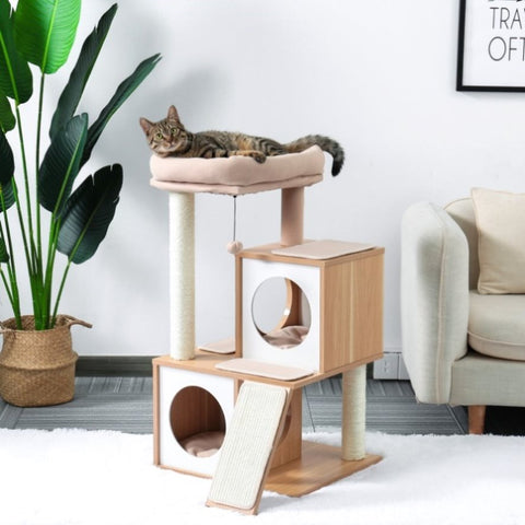 ZUN Wood Cat Tree Cat Tower With Double Condos Spacious Perch Sisal Scratching Post And Replaceable 49271790